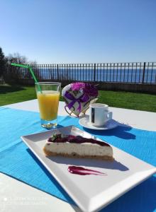 a white plate with a sandwich and a drink on a table at Villa Romana in Topola