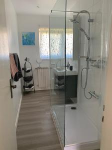 a bathroom with a glass shower and a sink at Moderne helle Ferienwohnung in Remagen +12 photos