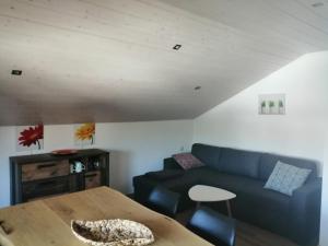 a living room with a blue couch and a table at Ferienwohnung Saaleblick in Schwarzenbach an der Saale