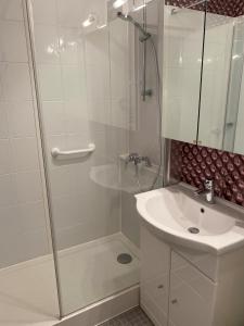 La salle de bains est pourvue d'une douche et d'un lavabo. dans l'établissement Studio vue sur mer, à La Chaume