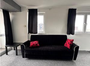 Spacious,1 bed, balcony, Southwark Central London في لندن: أريكة سوداء مع وسادتين حمراء في غرفة المعيشة