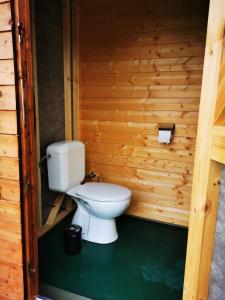 a bathroom with a toilet in a wooden cabin at Au Pied Du Trieu, The Shelter in Labroye
