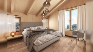 a bedroom with a bed and two windows at Chalet DEIN BICHLBACH 4 Personen in Bichlbach