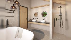 uma casa de banho com uma banheira, 2 lavatórios e um chuveiro em Chalet DEIN BICHLBACH 4 Personen em Bichlbach