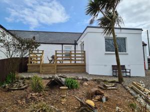 a white house with a fence and a palm tree at Beautiful 2-Bed semi rural cottage enclosed garden in Drummore
