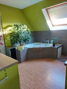 ein Badezimmer mit einer großen Badewanne mit Pflanze in der Unterkunft Maison de 4 chambres avec jardin clos et wifi a Roncherolles en Bray in Mauquenchy