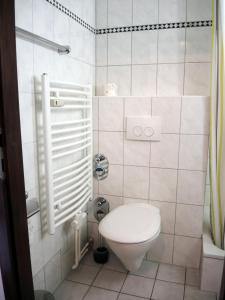 ハイリゲンハーフェンにあるIhr Meehrblickの白いバスルーム(トイレ、シャワー付)