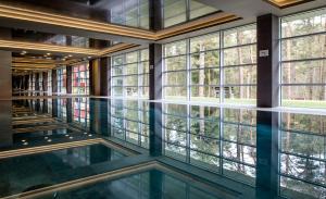 Cette chambre dispose d'une piscine et de grandes fenêtres. dans l'établissement MEDEA Apartments by UPA, à Druskininkai