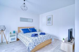 um quarto com uma cama com almofadas azuis e uma televisão em LOGEMENT AARON em Courcouronnes