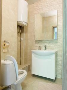 bagno con servizi igienici, lavandino e specchio di Апартаменты в ЖК Комфорт Таун a Kiev