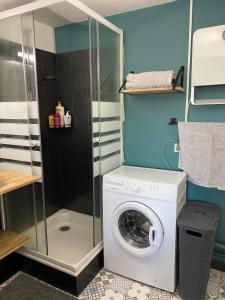 uma máquina de lavar roupa na casa de banho com um chuveiro em Villa Domaine des Pins, Magasins proches, Piscine em Fréjus