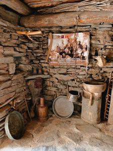 Habitación con pared de piedra, maceta y póster. en Ethnic Hostel Shatili en Shatili