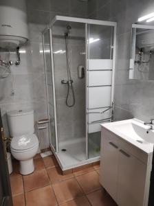 uma casa de banho com um chuveiro, um WC e um lavatório. em APT 3 Àtic acollidor al Centre de Vic - APTGARBI em Vic