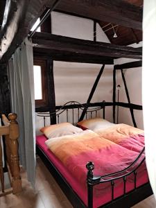 a bedroom with a bed with a black iron bed frame at Ferienwohnung Gesindestube in Brotterode-Trusetal