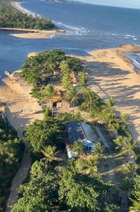 uma vista aérea de uma praia com árvores e do oceano em Pousada da Barra Caraíva em Caraíva