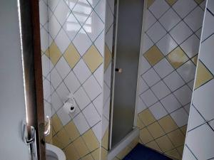 a bathroom with a shower with a toilet in it at Chambre d'hôte Magdeleine in Le Guillaume