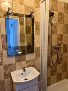 un bagno con lavandino e doccia con specchio di U Vaclava a Hřensko
