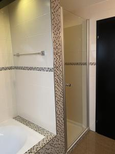 La salle de bains est pourvue d'une douche avec une porte en verre. dans l'établissement Shelby, à Zülpich