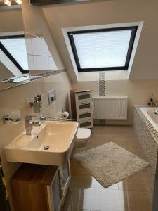 een badkamer met een wastafel, een toilet en een raam bij Shelby in Zülpich