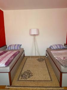 a bedroom with two beds and a floor lamp at Apartman Zaga in Trebinje