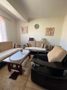 Sala de estar con sofás y mesa de centro en Apartman Zaga, en Trebinje