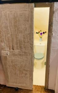 baño con aseo y jarrón de flores en L'Atelier en Béziers
