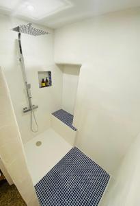 ein Bad mit blauen und weißen Bodenfliesen in der Unterkunft L'Atelier in Béziers