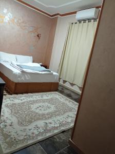 een slaapkamer met 2 bedden en een tapijt bij Royal Pyramids Inn in Caïro