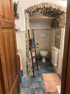 baño con aseo y pared de piedra en La Casa Rossa Arcola Con Vista, en Arcola