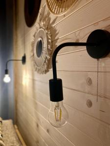 lampa wisząca na ścianie z lustrem w obiekcie Połoninka w Ustrzykach Górnych