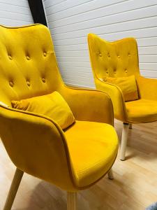 zwei gelbe Stühle nebeneinander sitzen in der Unterkunft Ferienwohnung Hotel Glockenhof in Eltville