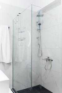 W łazience znajduje się prysznic ze szklanymi drzwiami. w obiekcie Wink Bnb Paraliaki w mieście Kisamos