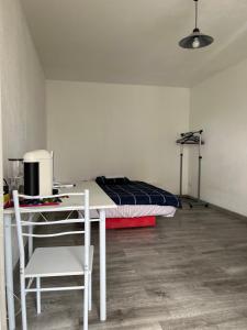 Pokój z łóżkiem, biurkiem, stołem i krzesłem w obiekcie Logement type studio 1 piece proche zénith w Strasburgu +17 zdjęć