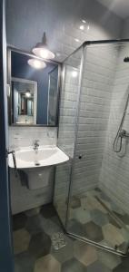 La salle de bains est pourvue d'un lavabo et d'une douche. dans l'établissement Hotel Central, à Mamaia
