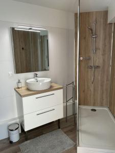 a bathroom with a sink and a shower at Les Bains - Studio Vue Mer - Balcon - Plage au Pied - Val-André in Pléneuf-Val-André +23 photos