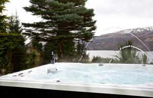 a jacuzzi tub with a tree and a lake at LOCH TAY HIGHLAND LODGES and GLAMPING PARK in Morenish