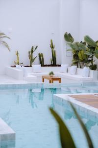 uma piscina com mobiliário branco e plantas de cactos em Olisa Hotel Boutique em Maresias