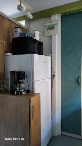 W kuchni znajduje się biała lodówka i kuchenka mikrofalowa. w obiekcie Chalet avec patio en Haute Corse 5 couchages w mieście Camp du Cap Sud +12 zdjęć