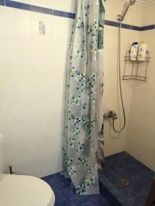 a bathroom with a shower curtain with a toilet at Central Charming Apartment in Tripolis