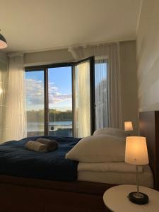 a bedroom with a large bed with a large window at BP III Premium in Toruń
