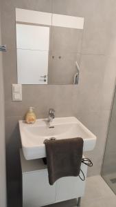bagno con lavandino bianco e specchio di Krems am Campus a Krems an der Donau