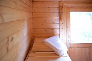 a sauna with wooden walls and a window at Die Finca in Hünfeld