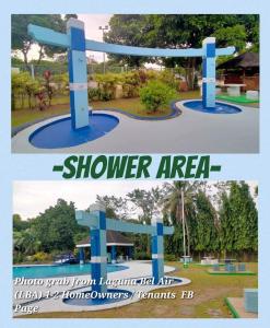 a collage of two pictures of a shower area at Homestay at 24 Laguna Bel-Air by Red Door House Rental in Santa Rosa