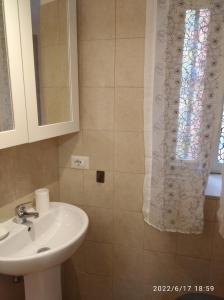 La salle de bains est pourvue d'un lavabo et d'un rideau de douche. dans l'établissement Appartamento arredato Segni Roma CASA ANNA MARIA, à Segni