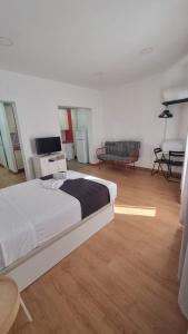 a bedroom with a large bed and a living room at GS Latina in Madrid