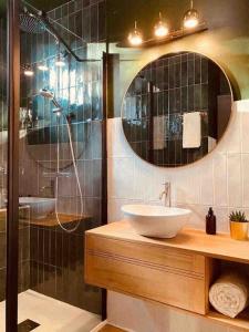 een badkamer met wastafel en douche met spiegel bij Appartement Proche Hôpital La Tronche in La Tronche