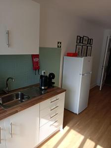 a kitchen with a white refrigerator and a sink at Santo Cristo Apartments in Ponta Delgada