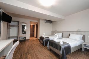 a hotel room with two beds and a flat screen tv at Home NanoVid Self Check-In in Moviliţa