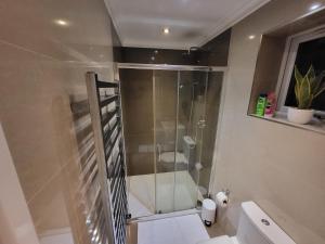 ein Bad mit einer Dusche und einem WC. in der Unterkunft Great Apartment Next To Tooting Bec Tube Station! in London