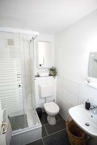 a white bathroom with a toilet and a sink at Business Apartment - nah am Tierpark in Bielefeld
